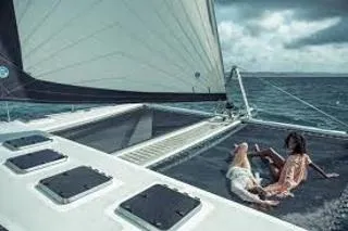 Deck of Valerie, a Sea-Tribe DH550 catamaran at Roche Caiman, Seychelles