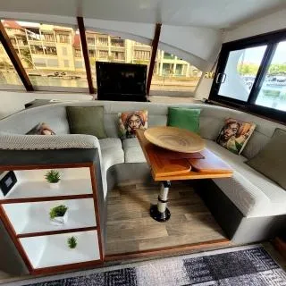 Salon of Valerie, a Sea-Tribe DH550 catamaran at Roche Caiman, Seychelles