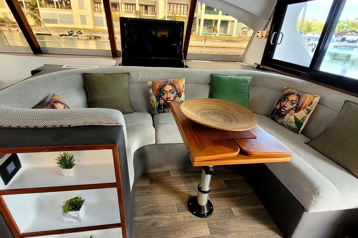 Salon of Valerie, a Sea-Tribe DH550 catamaran at Roche Caiman, Seychelles