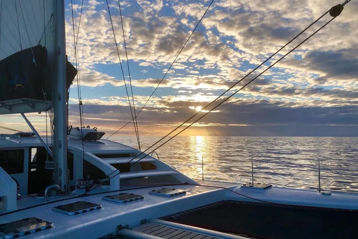 Deck of Valerie, a Sea-Tribe DH550 catamaran at Roche Caiman, Seychelles