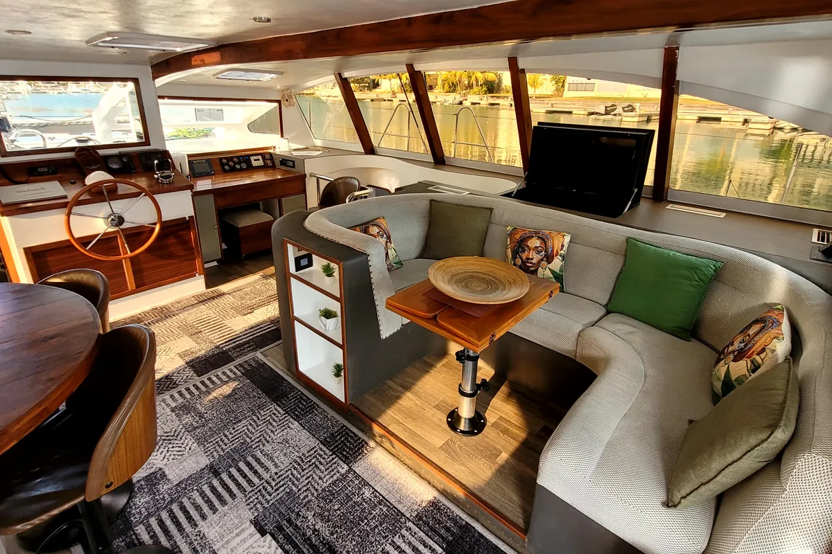 Salon of Valerie, a Sea-Tribe DH550 catamaran at Roche Caiman, Seychelles