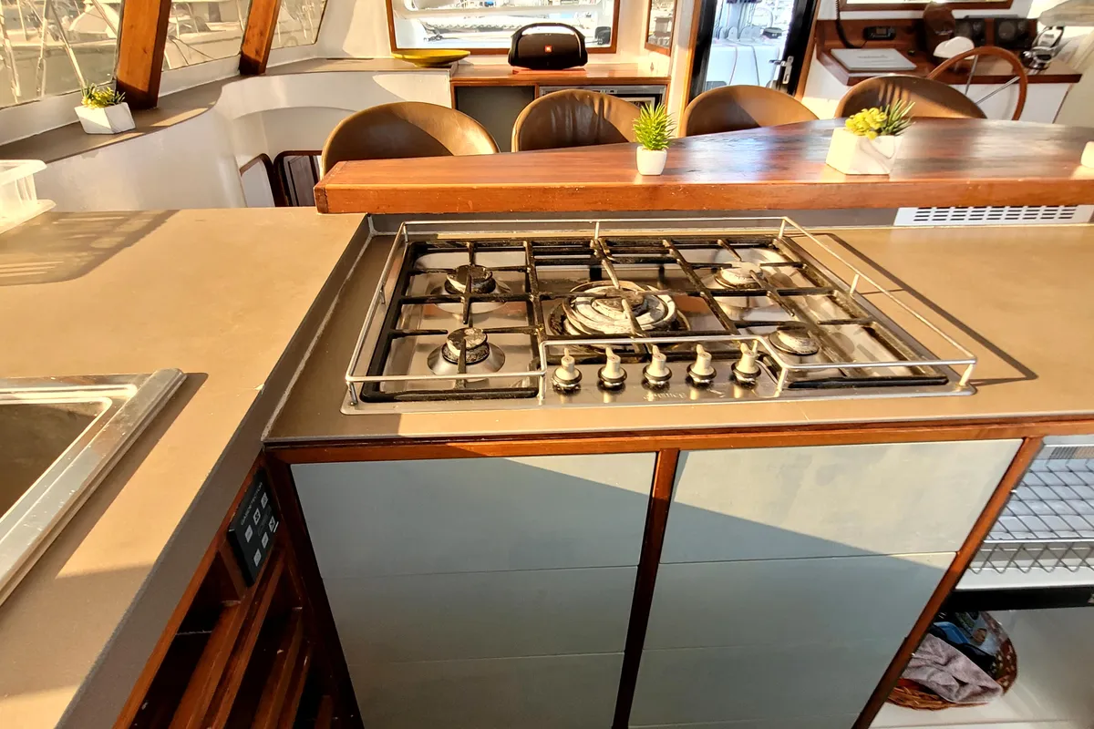 Galley of Valerie, a Sea-Tribe DH550 catamaran at Roche Caiman, Seychelles