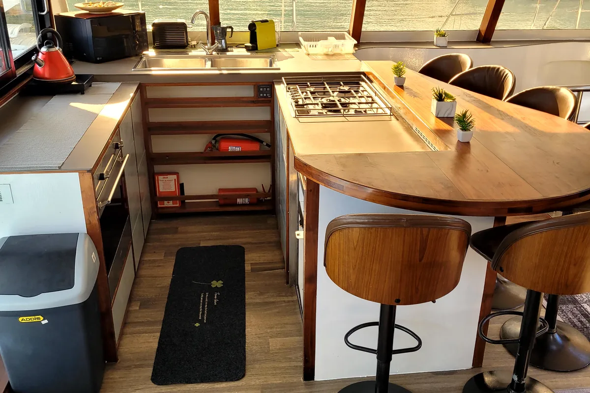 Galley of Valerie, a Sea-Tribe DH550 catamaran at Roche Caiman, Seychelles