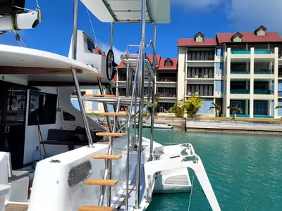 Deck of Valerie, a Sea-Tribe DH550 catamaran at Roche Caiman, Seychelles