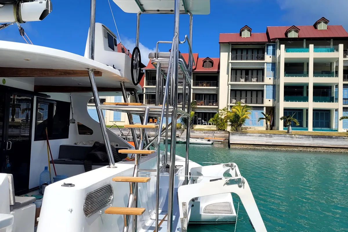 Deck of Valerie, a Sea-Tribe DH550 catamaran at Roche Caiman, Seychelles