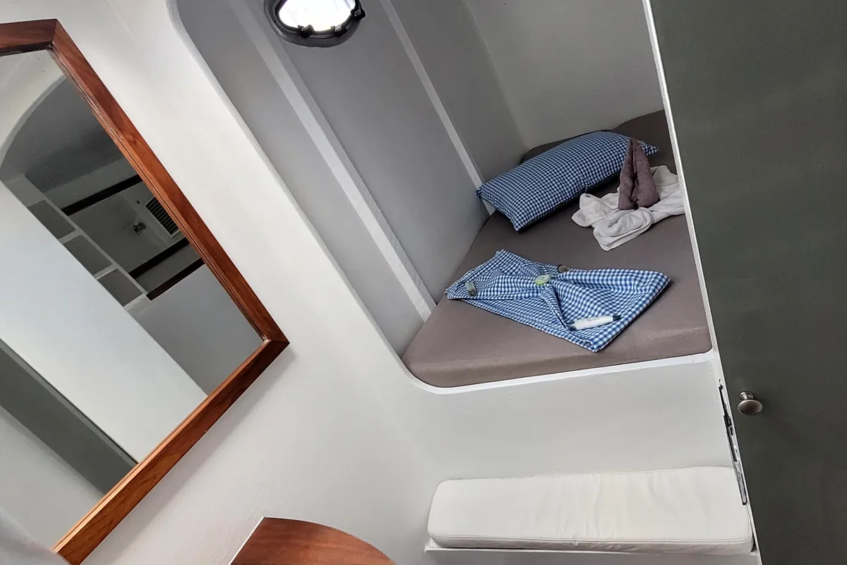 Cabin on Valerie, a Sea-Tribe DH550 catamaran at Roche Caiman, Seychelles