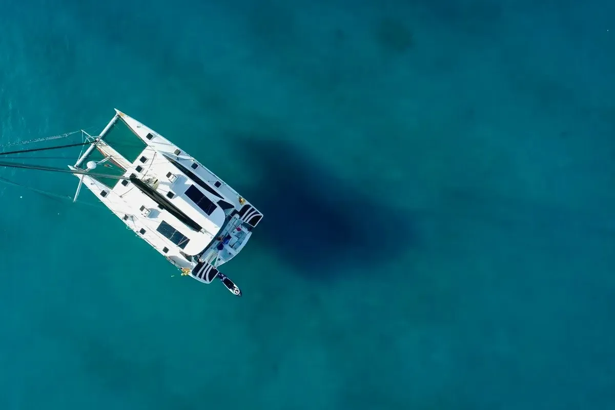 Exterior view of Valerie, a Sea-Tribe DH550 catamaran at Roche Caiman, Seychelles