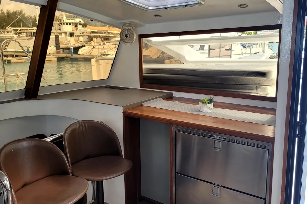 Galley of Valerie, a Sea-Tribe DH550 catamaran at Roche Caiman, Seychelles