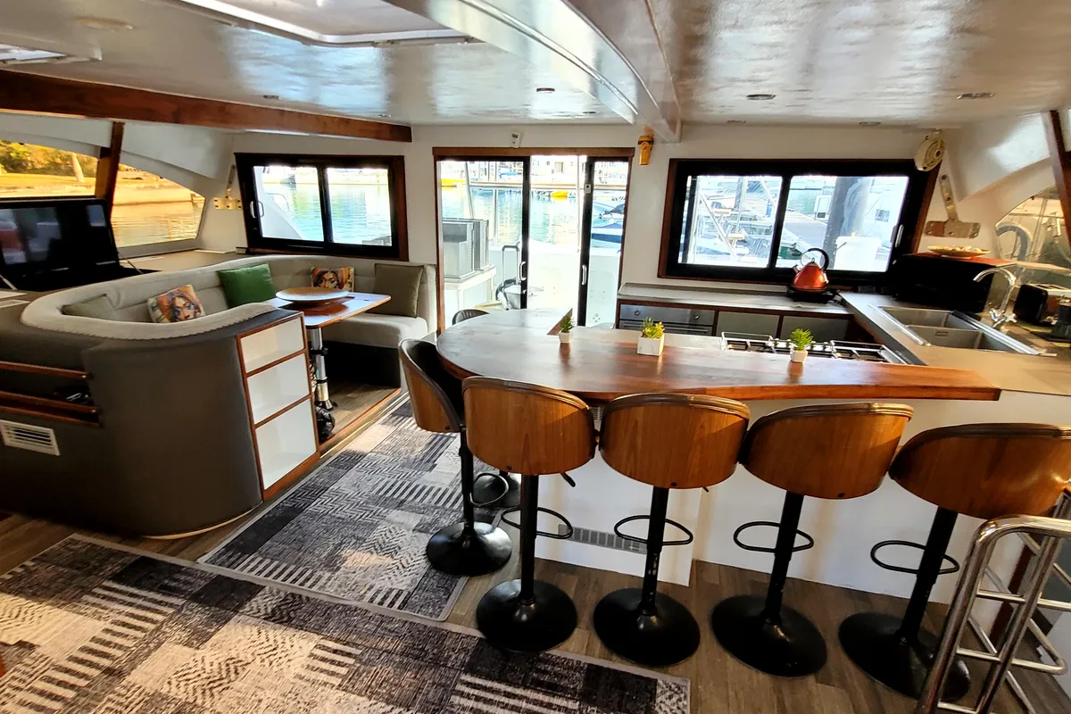 Salon of Valerie, a Sea-Tribe DH550 catamaran at Roche Caiman, Seychelles