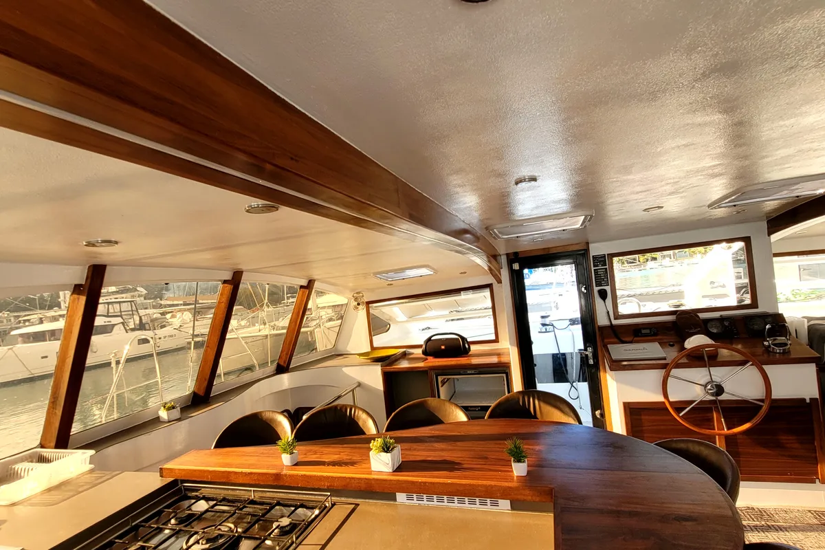 Galley of Valerie, a Sea-Tribe DH550 catamaran at Roche Caiman, Seychelles