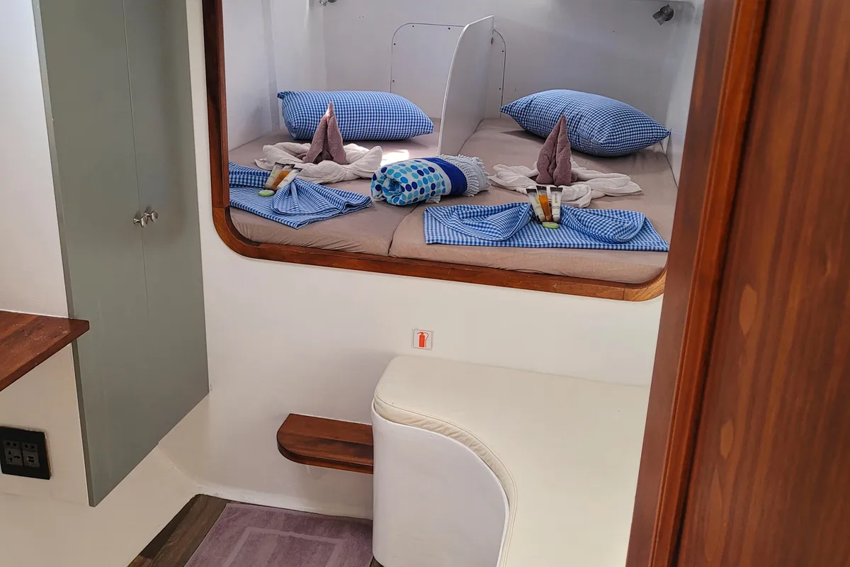 Cabin on Valerie, a Sea-Tribe DH550 catamaran at Roche Caiman, Seychelles