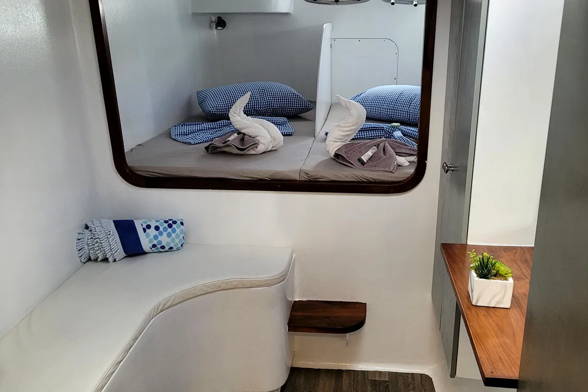 Cabin on Valerie, a Sea-Tribe DH550 catamaran at Roche Caiman, Seychelles