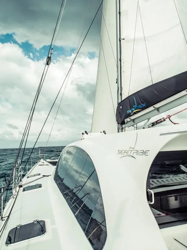 Exterior view of Valerie, a Sea-Tribe DH550 catamaran at Roche Caiman, Seychelles