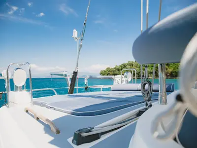 Deck of TAISA, a Moody 64 sailboat at Corfu, Greece