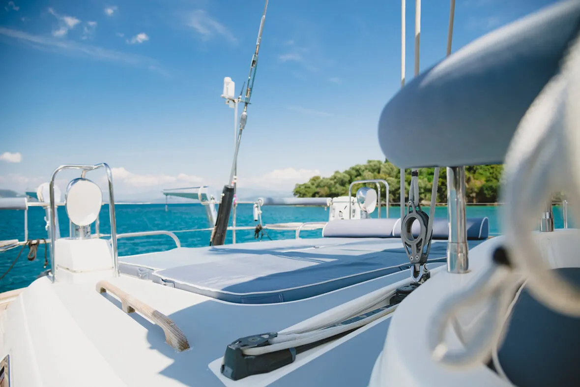 Deck of TAISA, a Moody 64 sailboat at Corfu, Greece