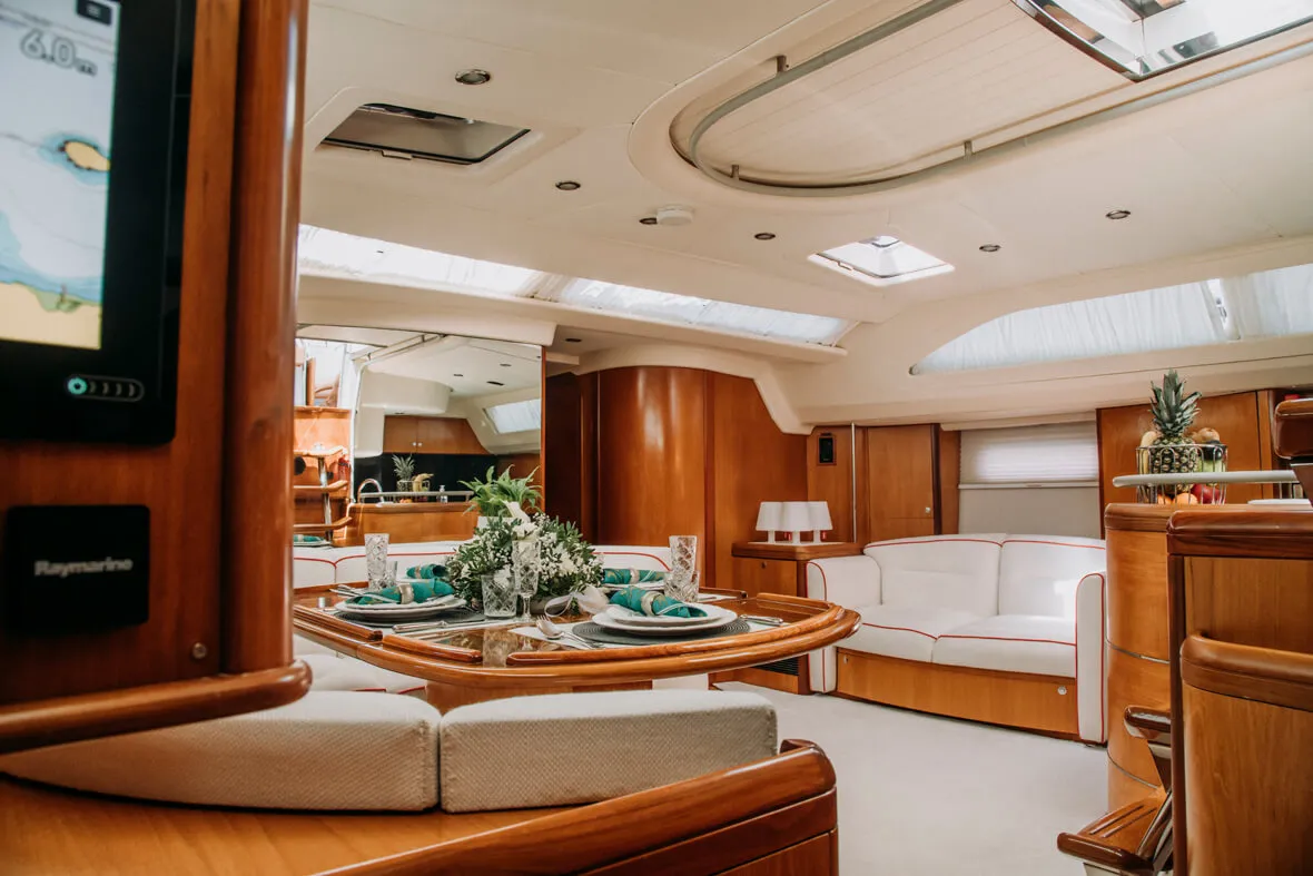 Salon of TAISA, a Moody 64 sailboat at Corfu, Greece