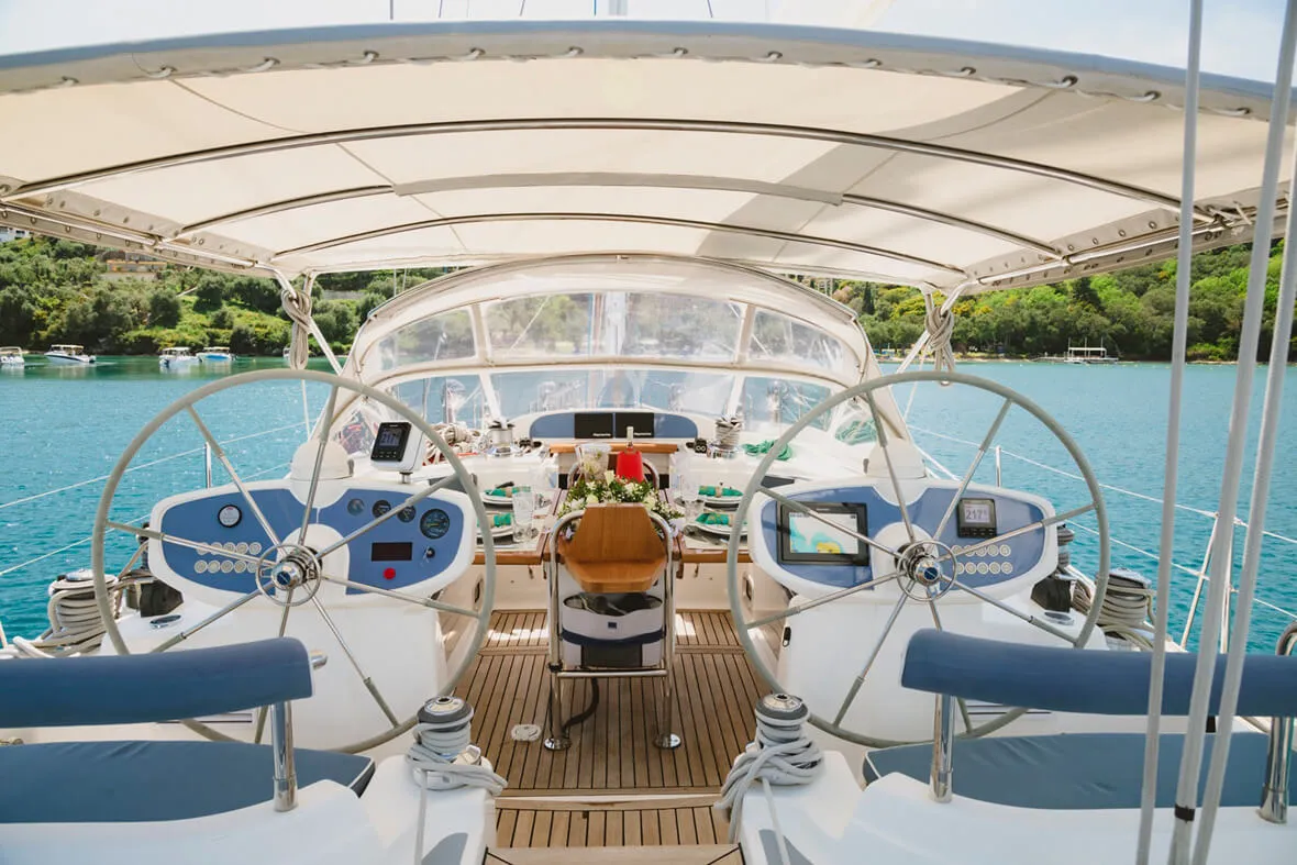 Cockpit of TAISA, a Moody 64 sailboat at Corfu, Greece