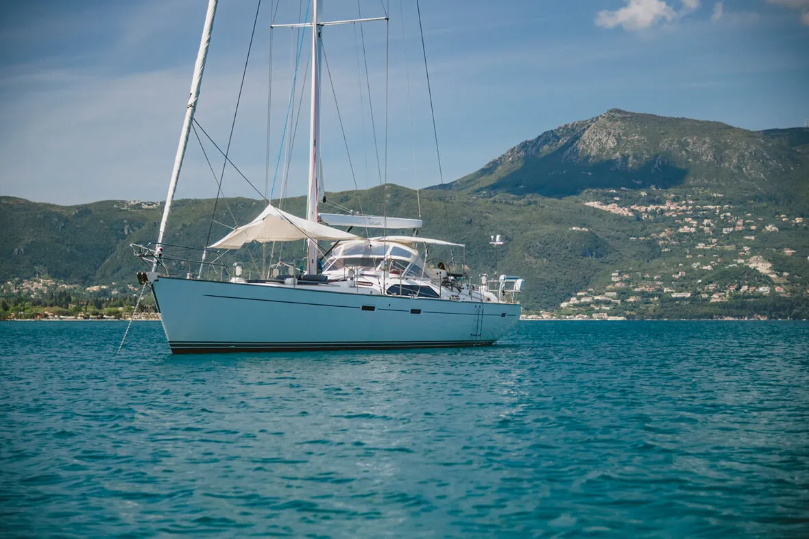 Exterior view of TAISA, a Moody 64 sailboat at Corfu, Greece