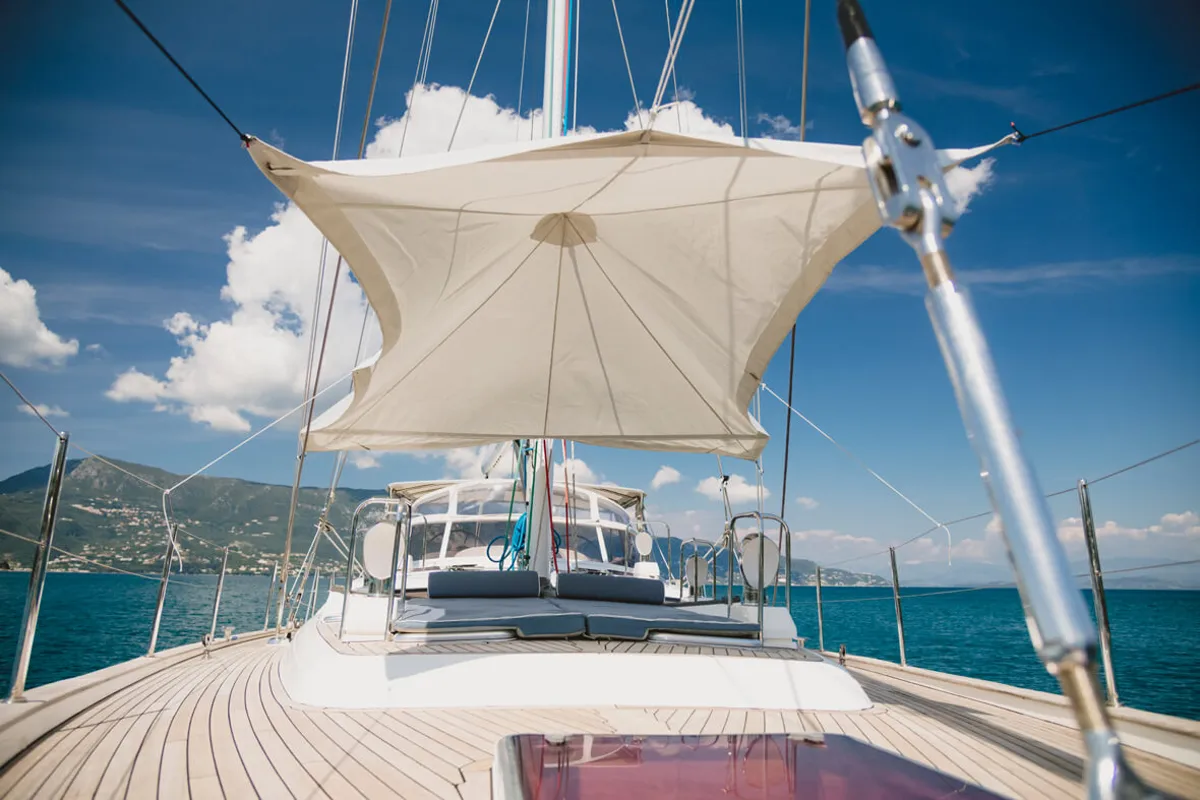 Deck of TAISA, a Moody 64 sailboat at Corfu, Greece