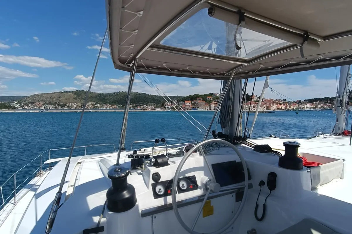 Cockpit of Imagination, a Bali 4.4 catamaran at Trogir, Croatia