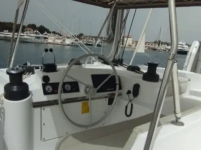 Cockpit of Imagination, a Bali 4.4 catamaran at Trogir, Croatia
