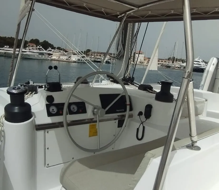 Cockpit of Imagination, a Bali 4.4 catamaran at Trogir, Croatia