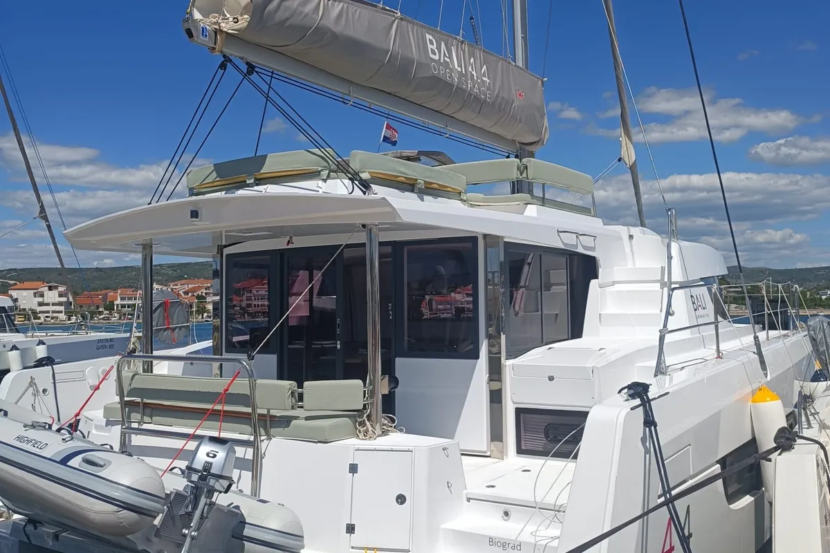 Exterior view of Imagination, a Bali 4.4 catamaran at Trogir, Croatia
