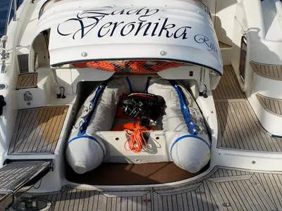 Deck of Lady Veronika, a Gobbi 425 SC motor yacht at Punat, Croatia