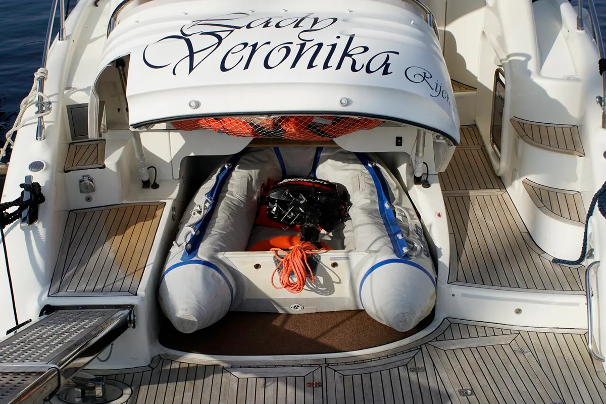 Deck of Lady Veronika, a Gobbi 425 SC motor yacht at Punat, Croatia