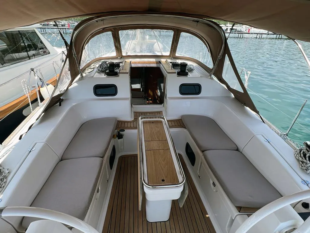 Deck of Kaminari, a Elan Impression 45 sailboat at Punat, Croatia