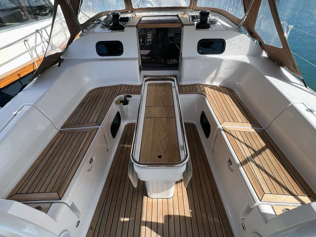 Deck of Kaminari, a Elan Impression 45 sailboat at Punat, Croatia