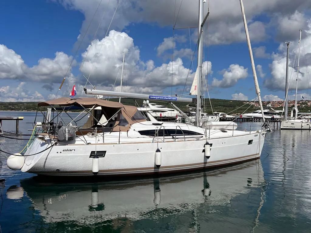Exterior view of Kaminari, a Elan Impression 45 sailboat at Punat, Croatia