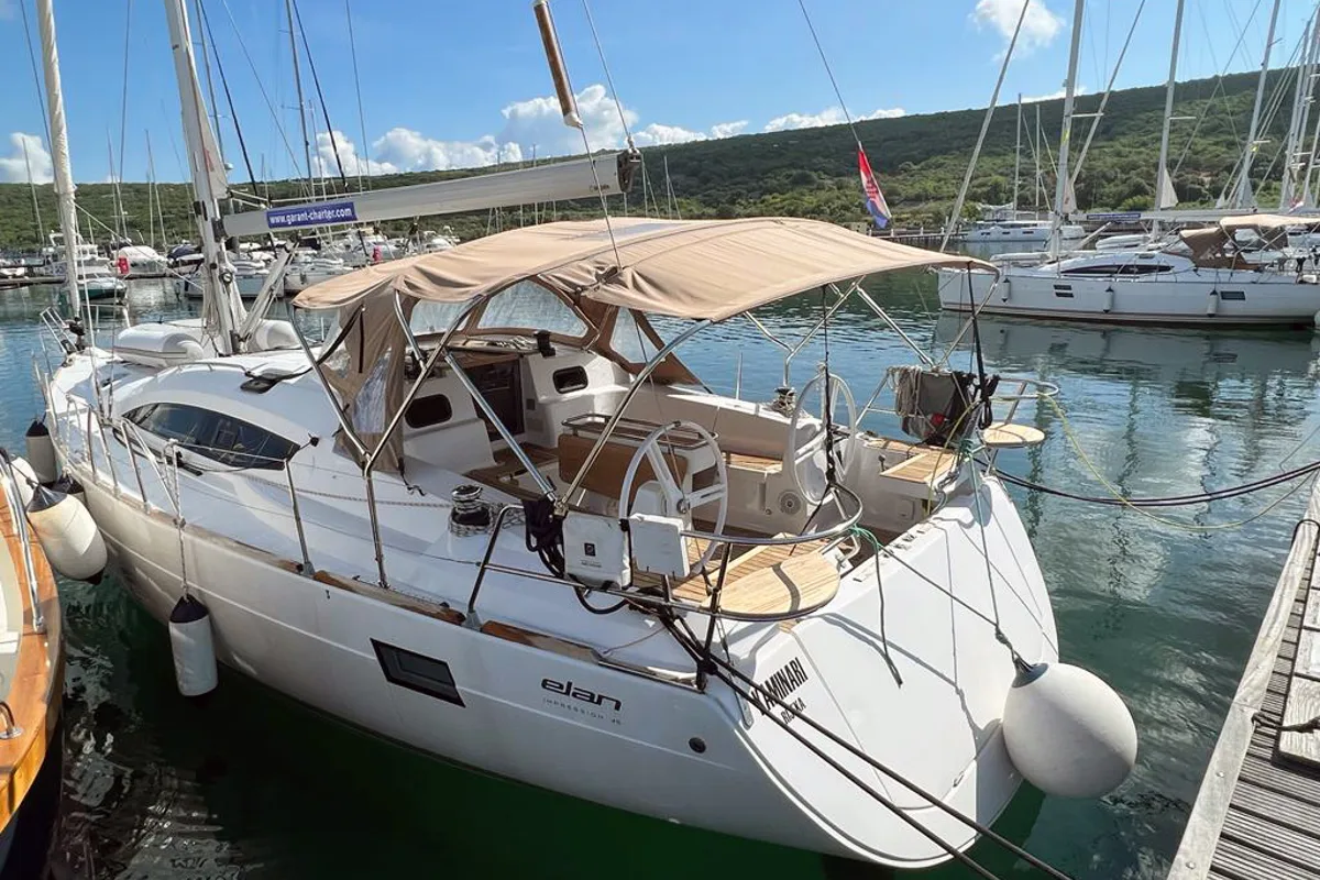 Exterior view of Kaminari, a Elan Impression 45 sailboat at Punat, Croatia