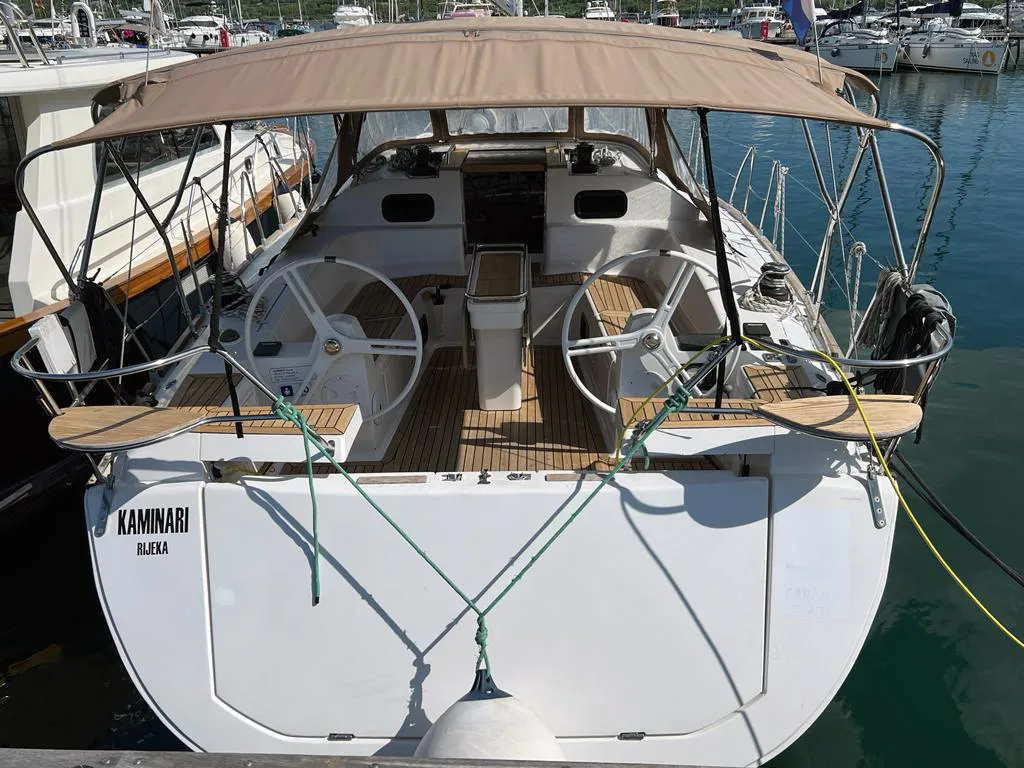 Exterior view of Kaminari, a Elan Impression 45 sailboat at Punat, Croatia