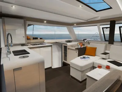 Salon of Dellis Rae, a Fountaine Pajot Isla 40 catamaran at Central Abaco, Bahamas