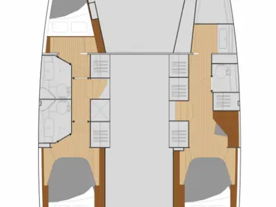 Floor plan of Dellis Rae, a Fountaine Pajot Isla 40 catamaran at Central Abaco, Bahamas
