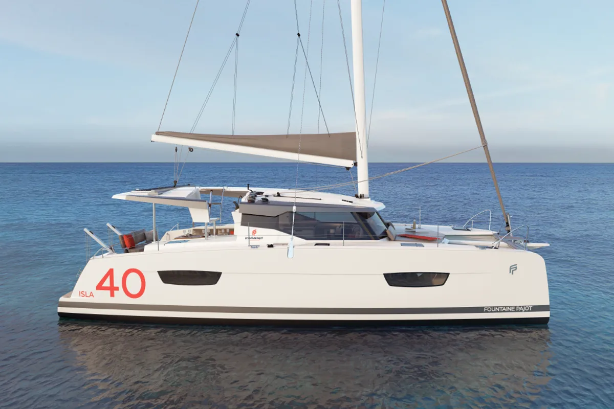 Exterior view of Dellis Rae, a Fountaine Pajot Isla 40 catamaran at Central Abaco, Bahamas
