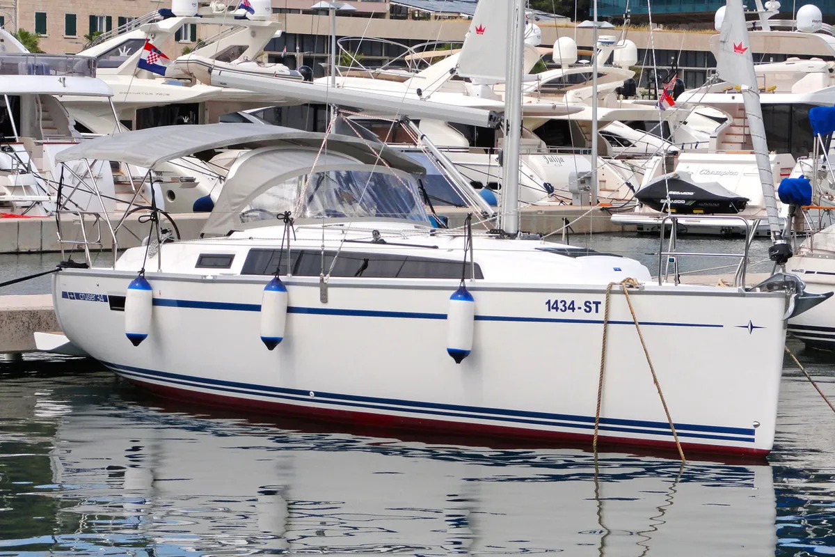 Exterior view of Tonkica, a Bavaria Cruiser 34 sailboat at Split, Croatia