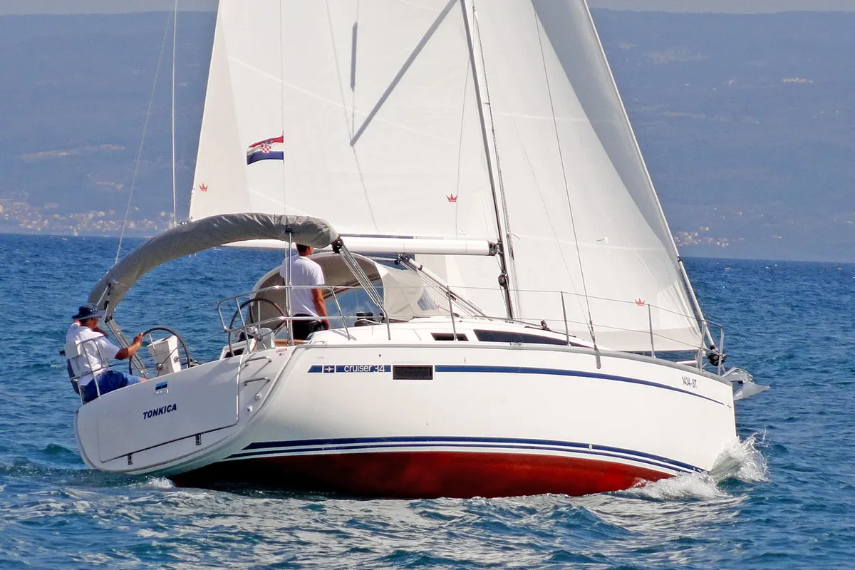 Exterior view of Tonkica, a Bavaria Cruiser 34 sailboat at Split, Croatia
