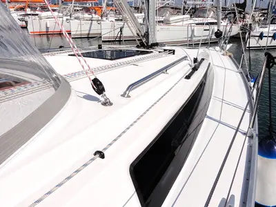 Deck of Tonkica, a Bavaria Cruiser 34 sailboat at Split, Croatia