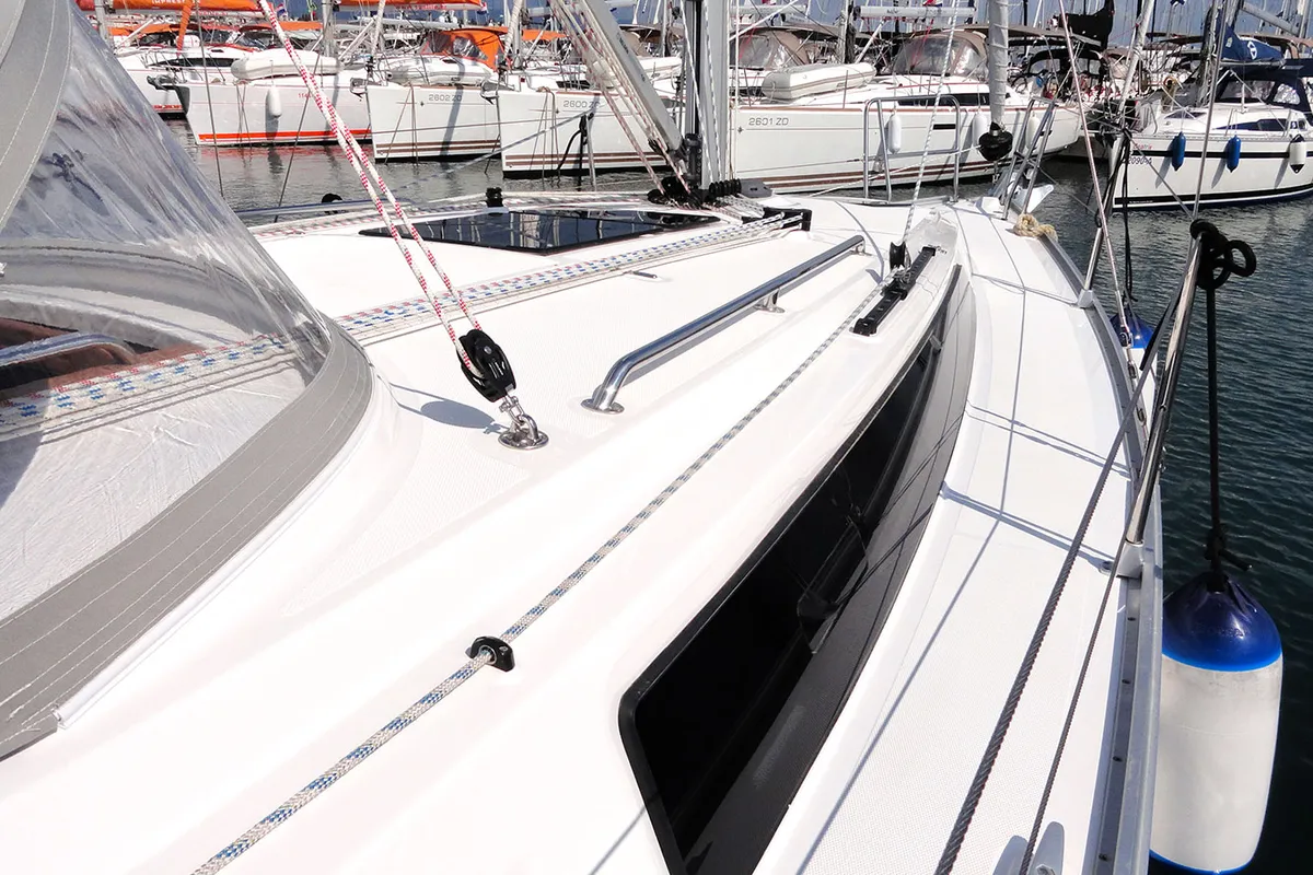 Deck of Tonkica, a Bavaria Cruiser 34 sailboat at Split, Croatia