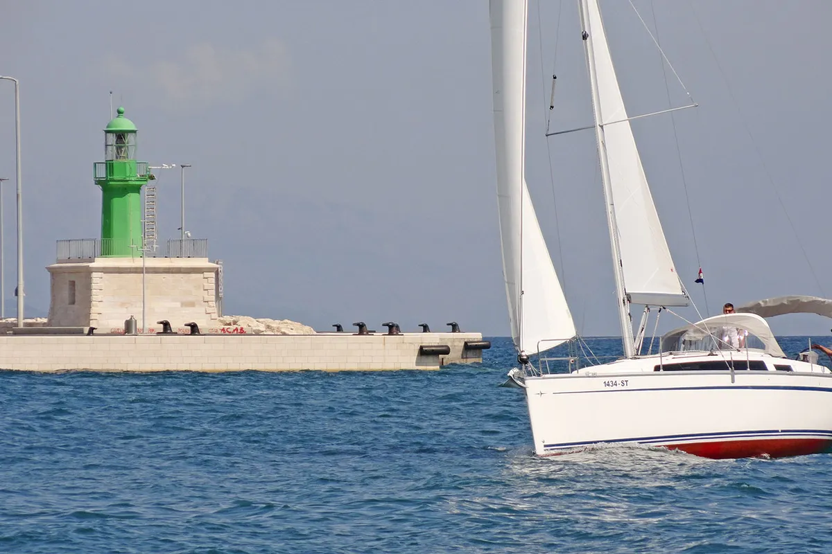 Exterior view of Tonkica, a Bavaria Cruiser 34 sailboat at Split, Croatia