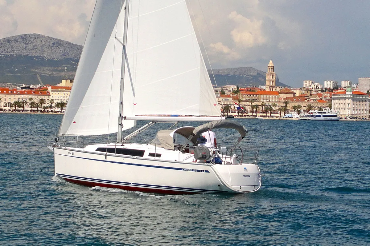Exterior view of Tonkica, a Bavaria Cruiser 34 sailboat at Split, Croatia
