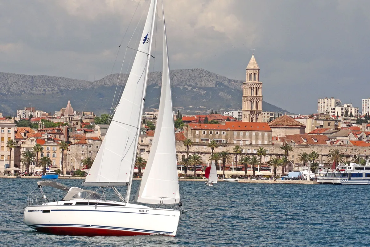 Exterior view of Tonkica, a Bavaria Cruiser 34 sailboat at Split, Croatia