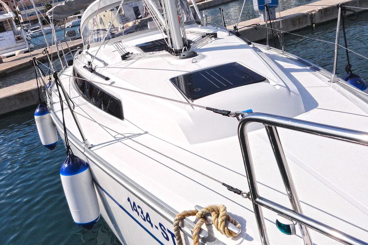 Deck of Tonkica, a Bavaria Cruiser 34 sailboat at Split, Croatia