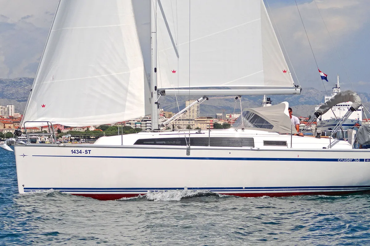 Exterior view of Tonkica, a Bavaria Cruiser 34 sailboat at Split, Croatia