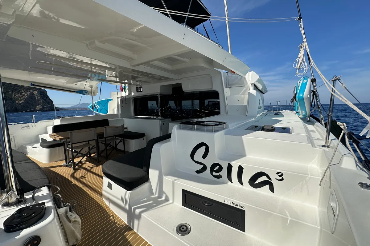 Exterior view of Sella III, a Lagoon 46 catamaran at Figari/Golfo Aranci, Italy