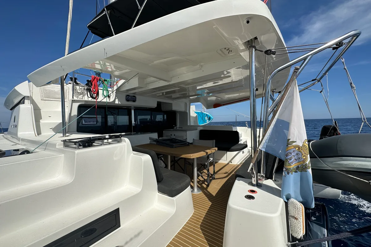 Exterior view of Sella III, a Lagoon 46 catamaran at Figari/Golfo Aranci, Italy