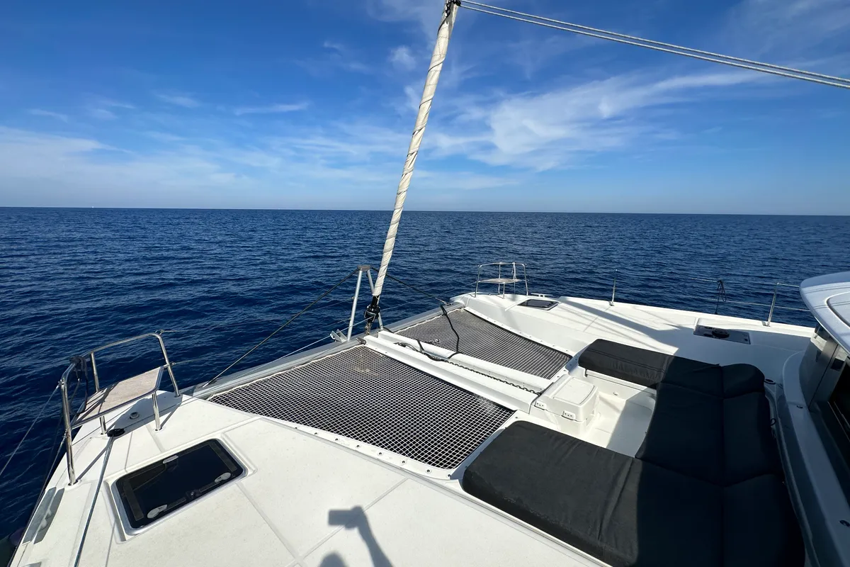 Deck of Sella III, a Lagoon 46 catamaran at Figari/Golfo Aranci, Italy