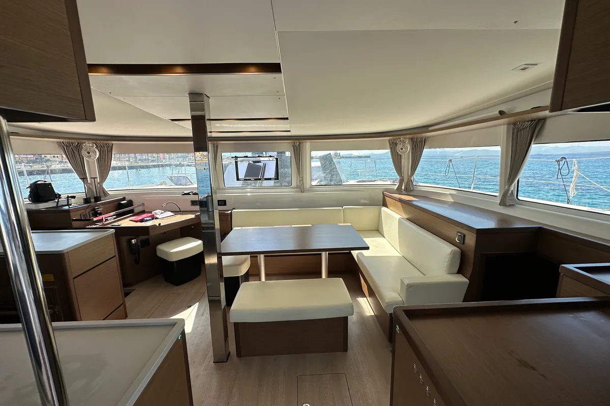 Salon of Sella III, a Lagoon 46 catamaran at Figari/Golfo Aranci, Italy